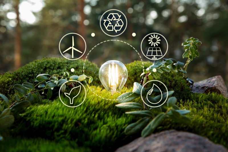 Green forest with moss and grass with lightbulb. Symbols of sustainable and eco friendly energy sources. Earth energy concept