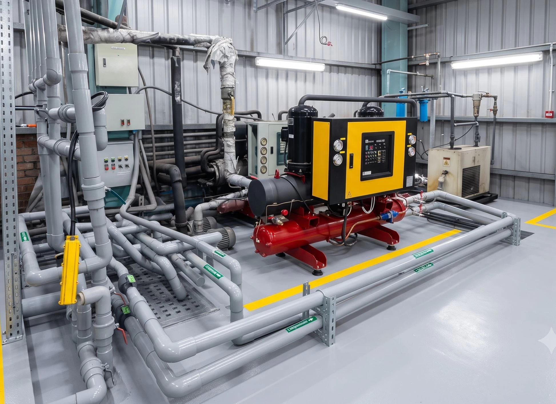 Centralized cooling water system with industrial chillers, pumps, and insulated piping.