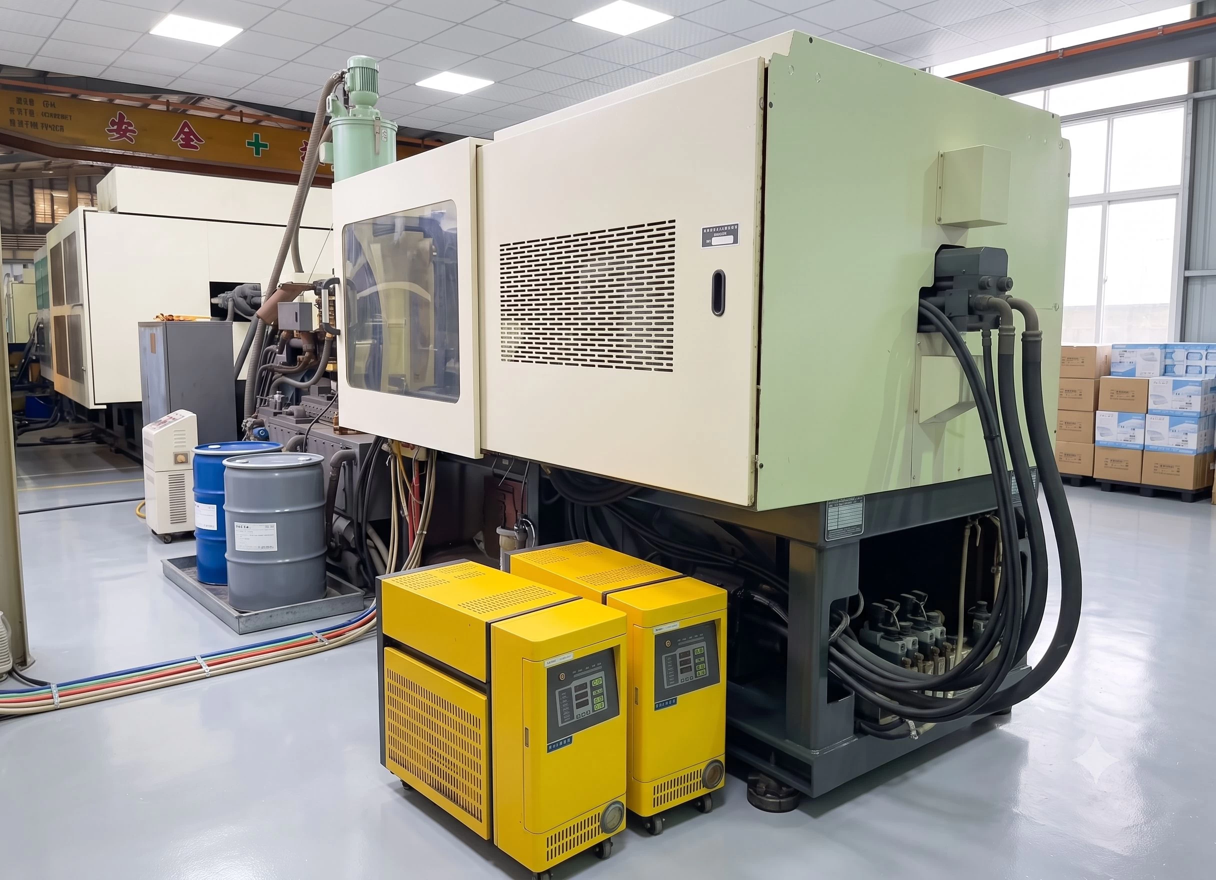 Twosetofmoldtemperaturecontrollersetsupbesidetheinjectionmoldingmachine
