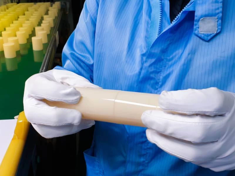 A factory worker checking a plastic part for any weld lines defect.