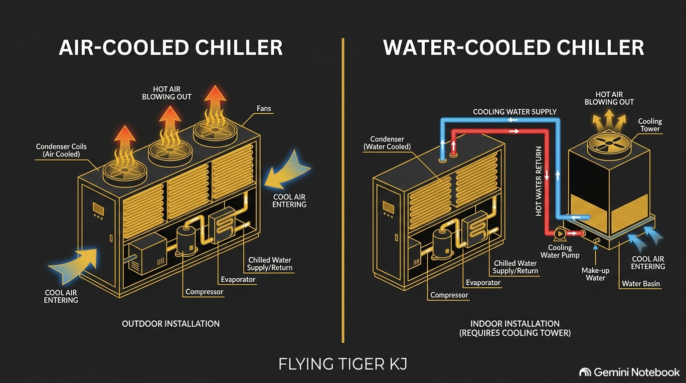 FLYING TIGER KJ air-cooled vs. water-cooled chiller system comparison diagram.