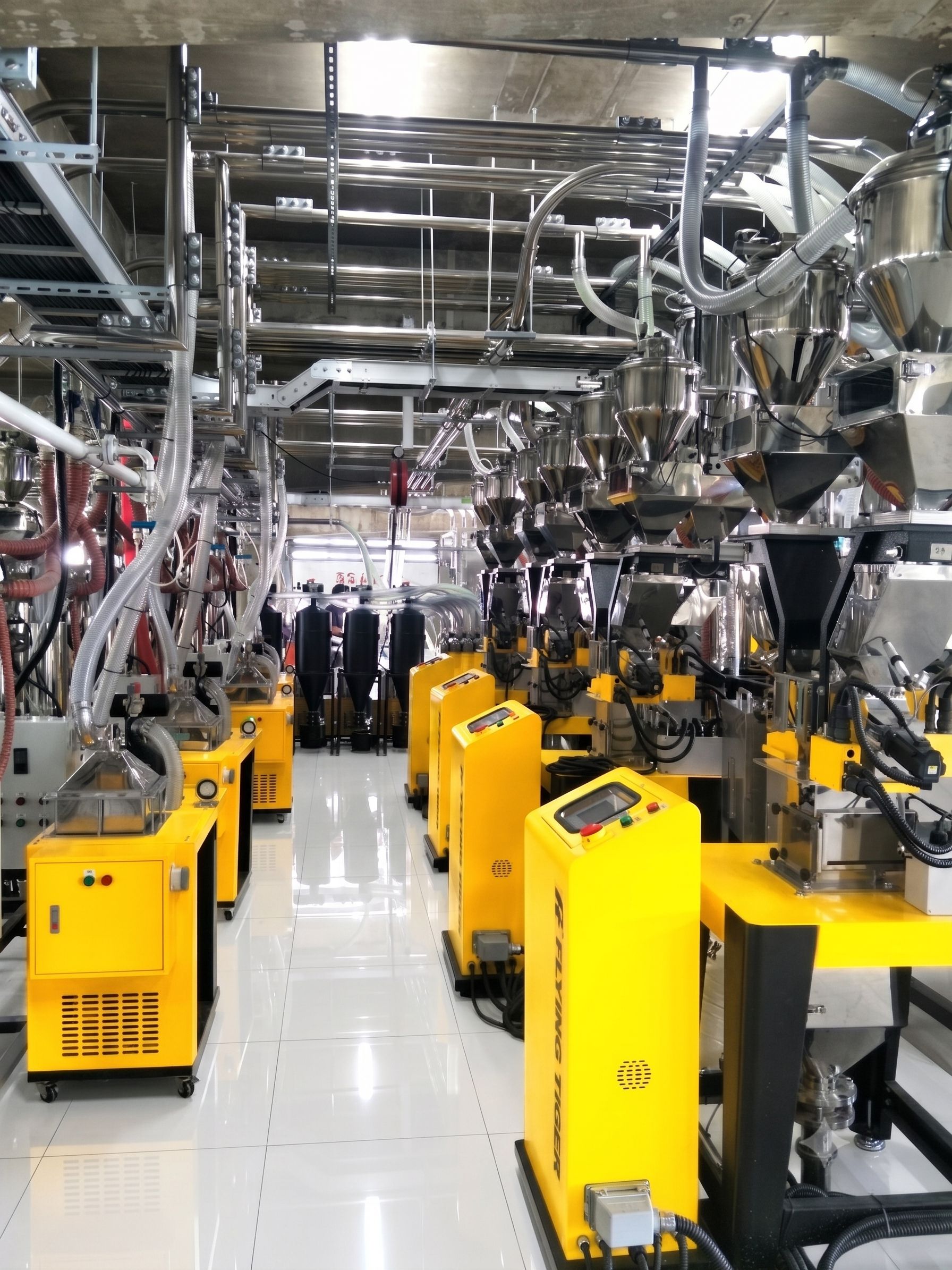 Flying Tiger's Loss-in-weight dosing blender stations on a factory floor stand in a row. Each machine is equipped with material receiver and integrated with a complex overhead Central loader vacuum piping system and material conveying lines.
