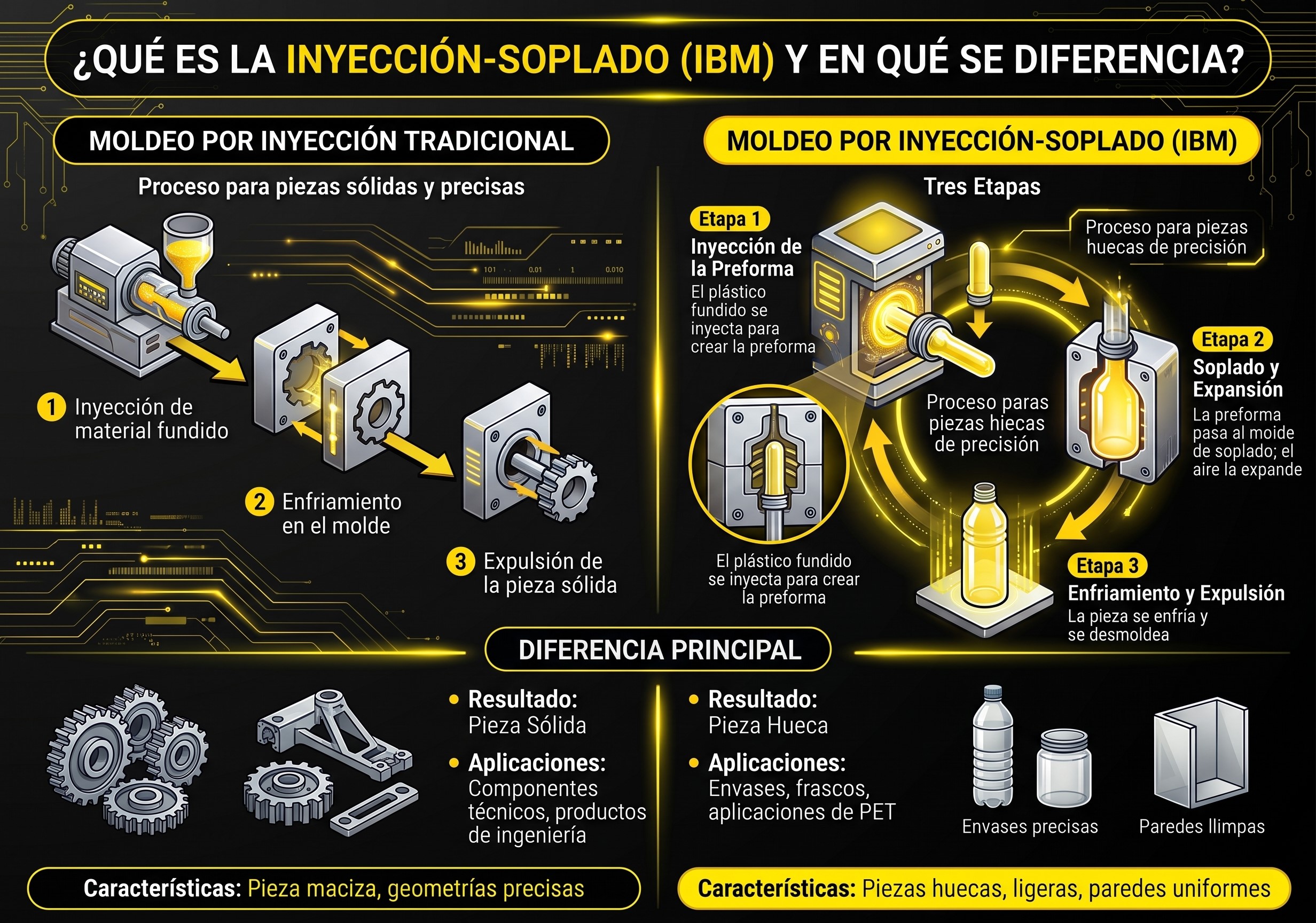 Comparison diagram of traditional injection molding vs. injection blow molding (IBM).