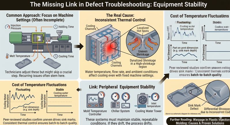Troubleshooting infographic linking injection molding sink mark defects to peripheral equipment stability.