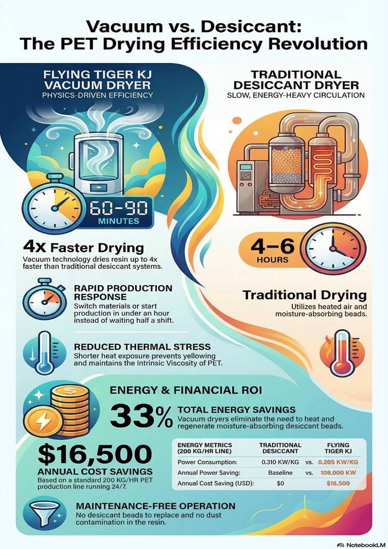 Infographic comparing Vacuum vs Desiccant PET dryers, showing 4x faster drying and 33% energy savings. 