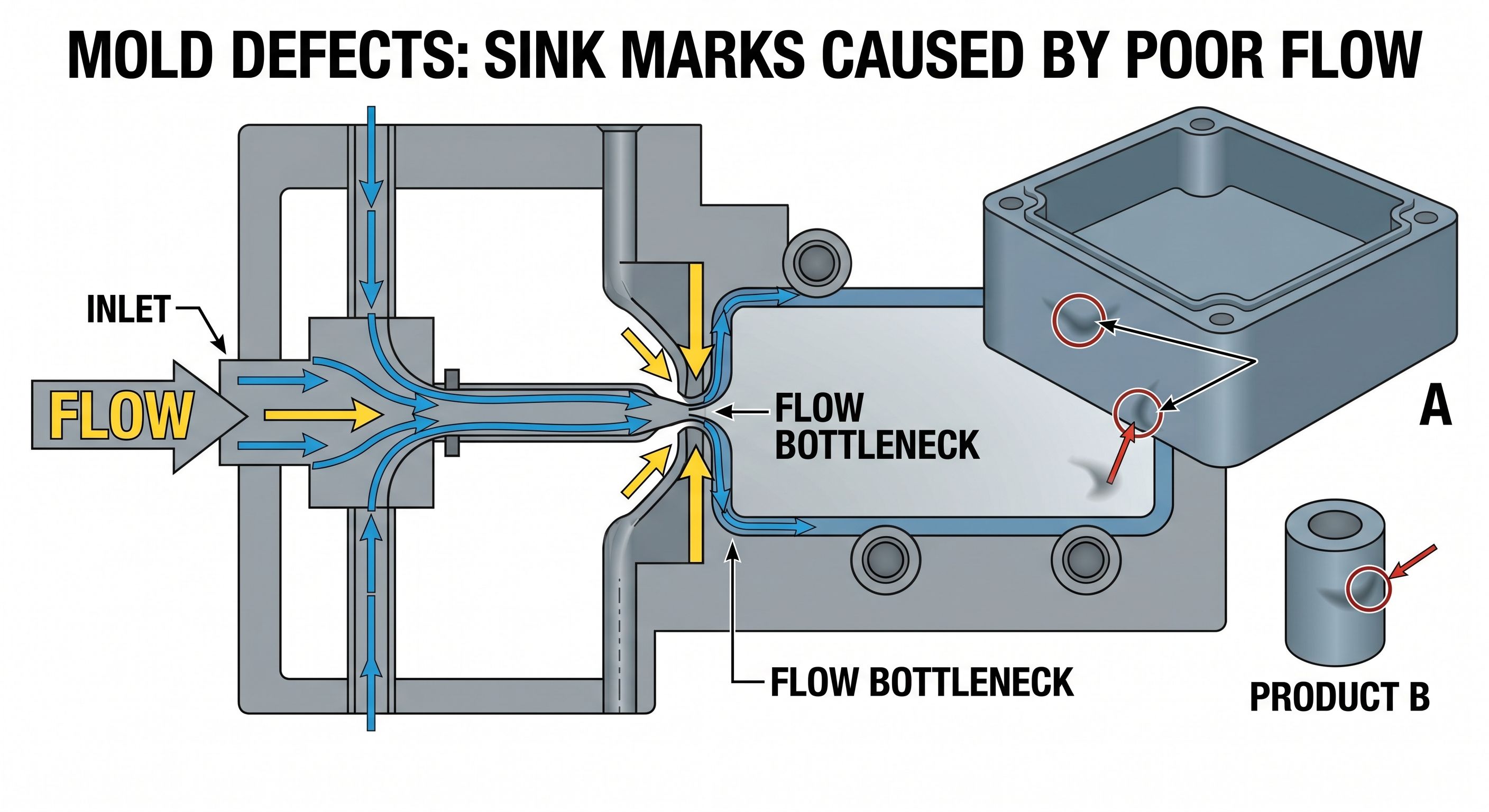 Mold Defects-Poor melt material flow inside the molding system can be a reason for sink marks occurring far away from the gate. In this case, the mold structure prevents pressure from being transferred.