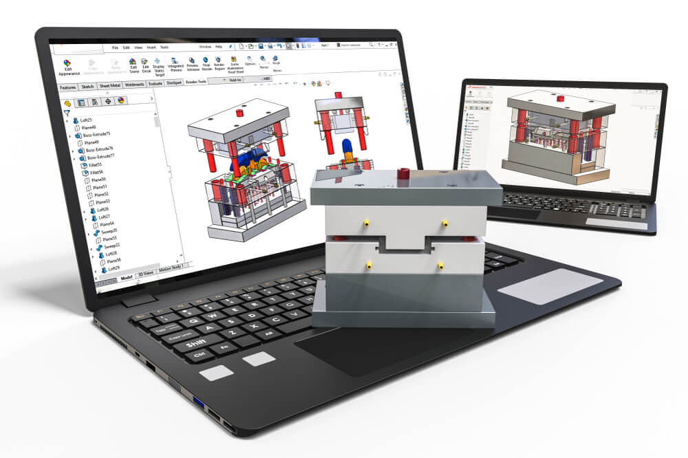 3D rendering representing plastic injection mold development to prevent weld lines.