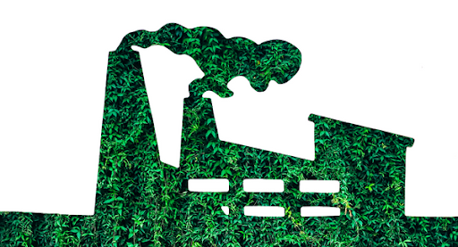 Silhouette of an industrial landscape filled with a leafy green pattern, symbolizing eco-friendliness, with shapes resembling factory buildings and an industrial infrared rotary dryer with smokestacks.